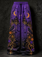 Women's Halloween Gothic Spiderweb And Crow Print Loose Pants