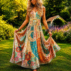 Women's Boho Multicolored Sun, Moon & Floral Print Maxi Dress