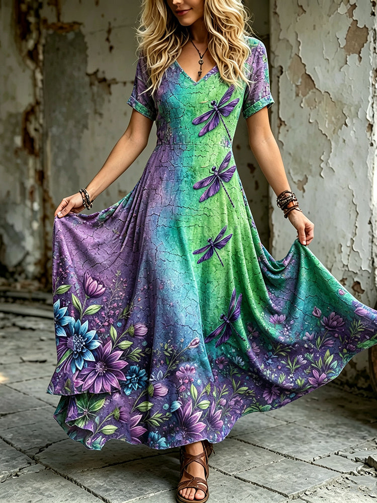 Women's Retro Resort Floral Dragonfly Gradient Print V-neck Short Sleeve Dress
