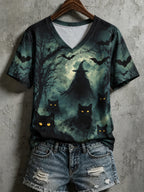 Women's Halloween Wizard Black Cat Art Print Short Sleeve Top