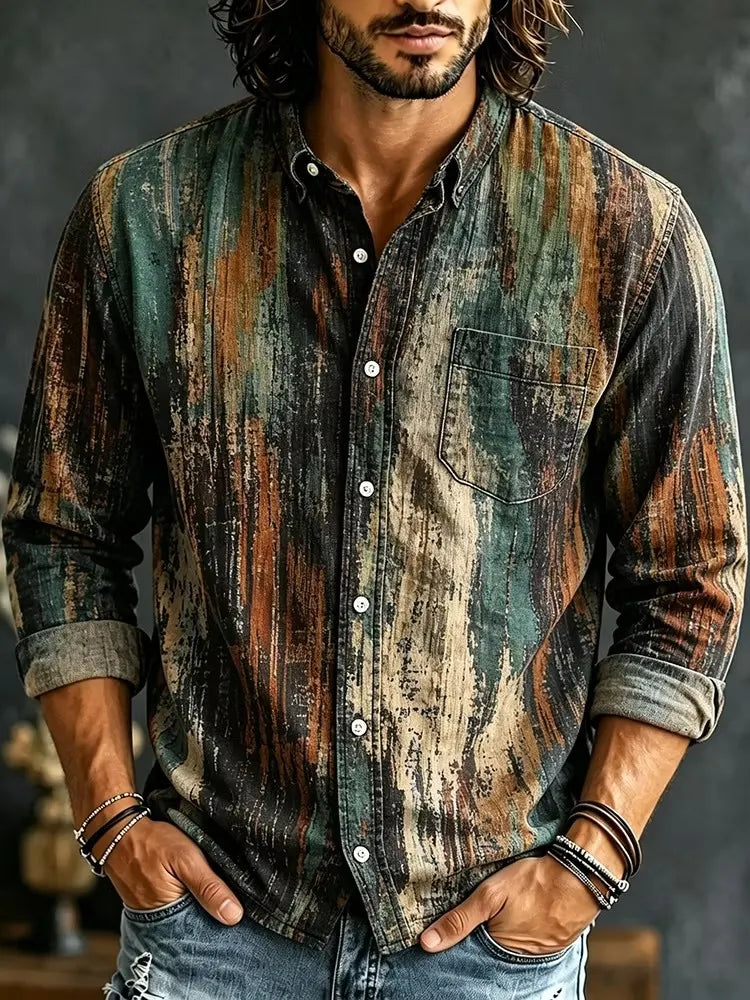 Men's Jagged Irregular Color Smudge Layer Print Long Sleeve Pocket Shirt