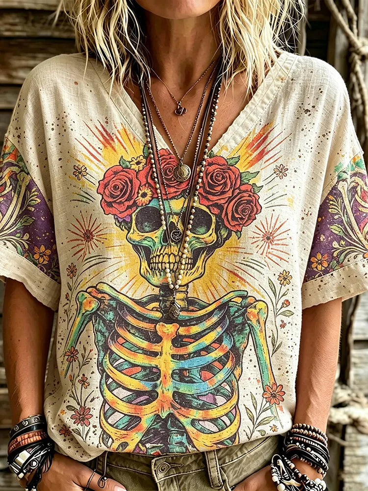 Women's Retro Hippie Tie-dye Skull Rose Floral Print Casual V-neck Short-sleeve T-shirt