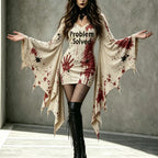 Women's Gothic With Problem Solved Batwing Flare Sleeve V Neck Bodycon Dress – Halloween Costume