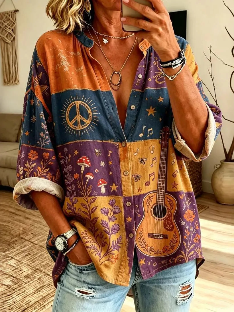 Women's Retro Guitar Peace Color-block Print Loose Long-sleeved Linen Shirt