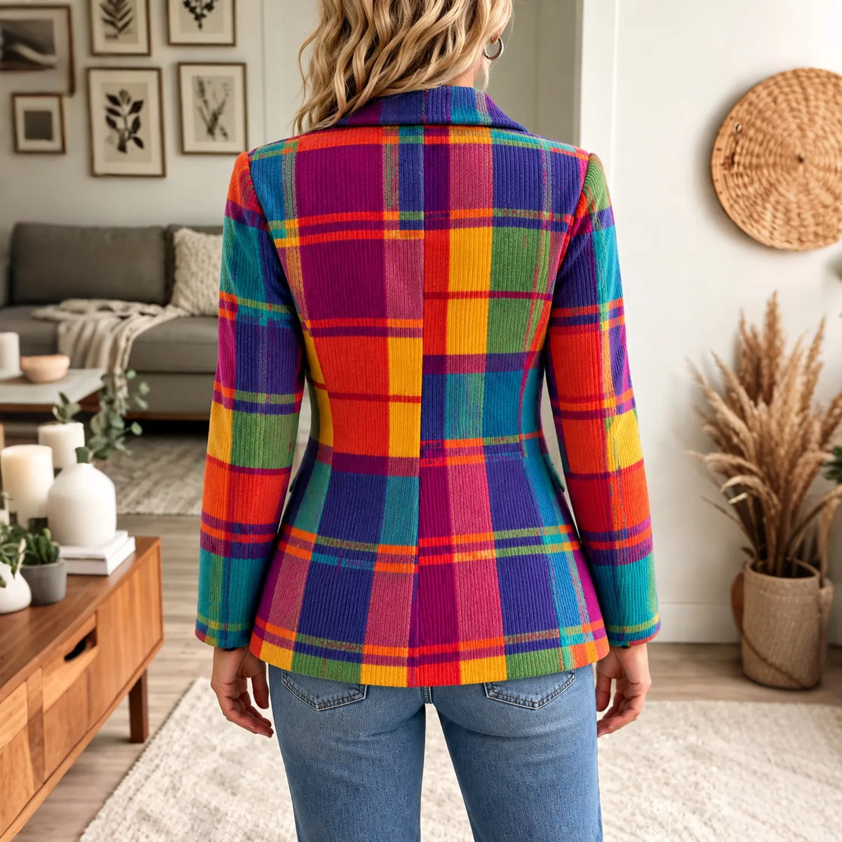 Women's Retro Multi-color Plaid Print Casual Corduroy Blazer
