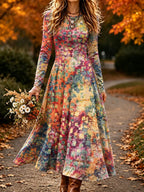 Women's Retro Abstract Print Crew Neck Long Sleeve Maxi Dress
