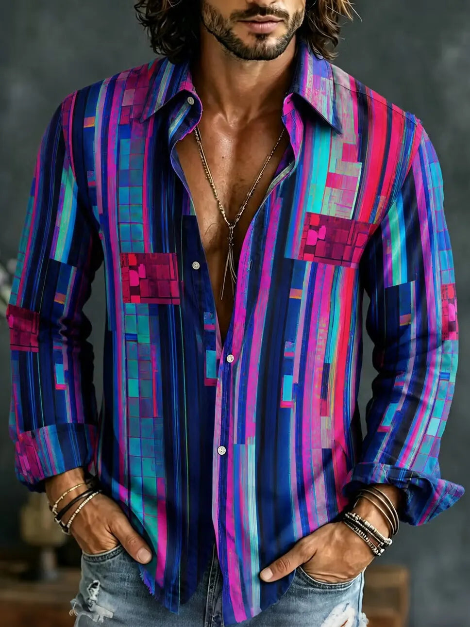 Men's Neon Glitch Art Stripe Print Long Sleeve Shirt