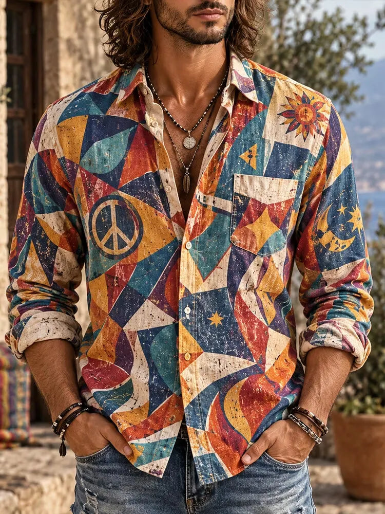 Men's Hippie Geometric Shapes And Peace Emblem Print Long Sleeve Pocket Shirt