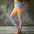 Women's Retro Hippie Peace Floral Embroidery Art Pattern Leggings