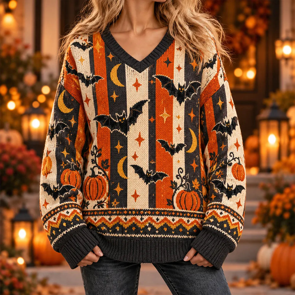 Women's Halloween Bat And Pumpkin Stripe Pattern V-neck Knit Sweater
