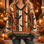 Women's Halloween Bat And Pumpkin Stripe Pattern V-neck Knit Sweater