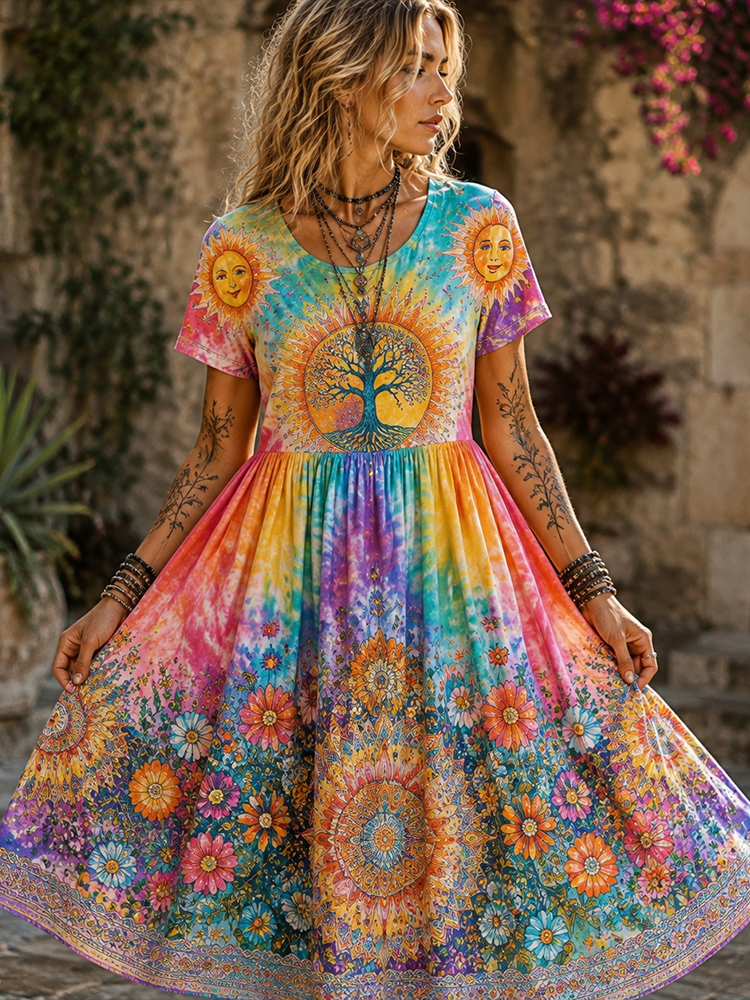 Women's Boho Tie-dye Maxi Dress - Tree Of Life, Sun And Vibrant Floral Mandala Print Flowy Dress
