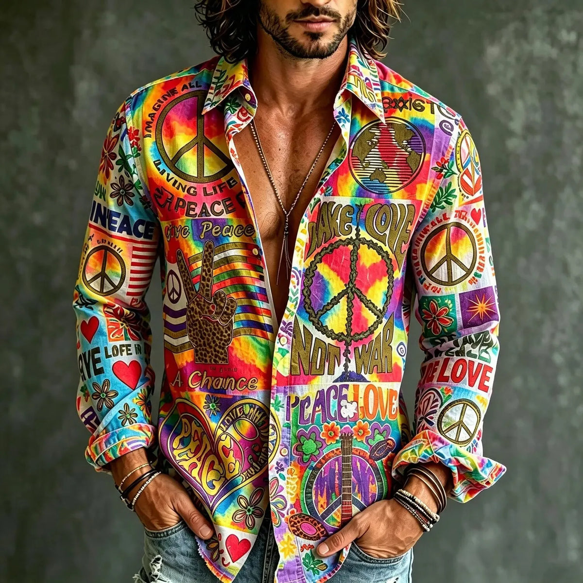 Men's Tie‐dye Peace Symbol Make Love Not War Print Long Sleeve Shirt