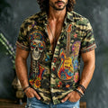 Men's Hippie Skull Guitar Rock Music Camo Print Short Sleeve Buttons Shirt