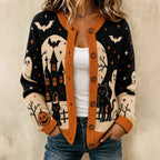 Women's Halloween Black Cat And Pumpkin Pattern Knit Cardigan