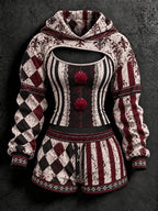 Women's Halloween Striped Plaid Playing Card Print Hoodie And Vest Shorts Three-piece Set