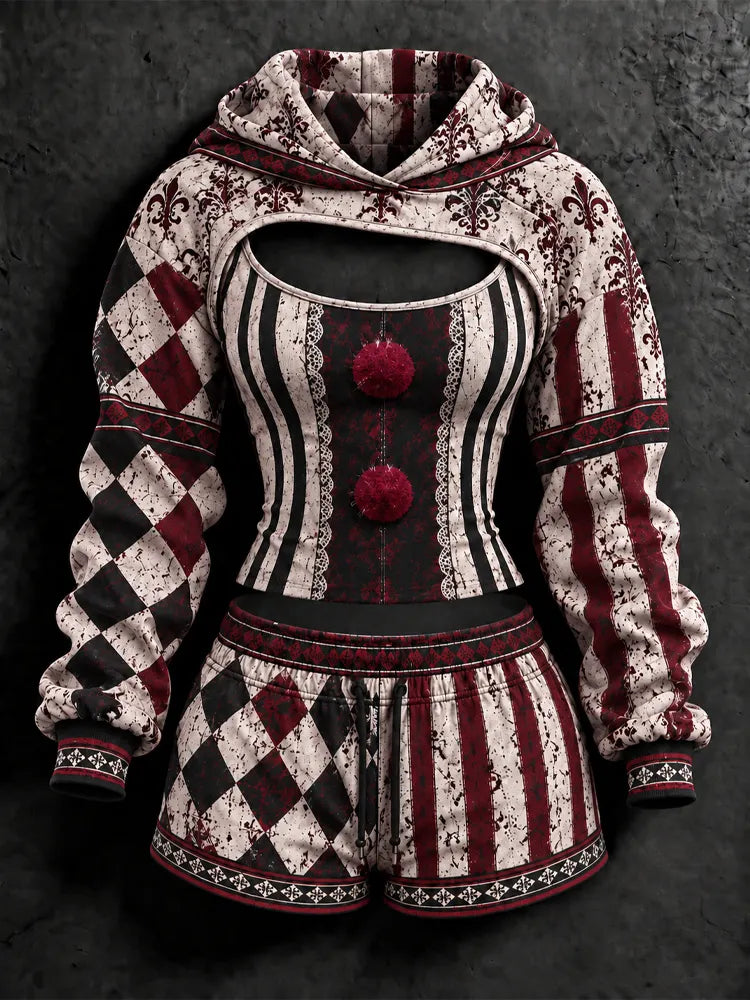 Women's Halloween Striped Plaid Playing Card Print Hoodie And Vest Shorts Three-piece Set