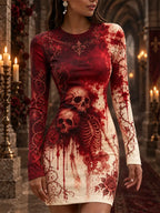 Women's Halloween Bloodstain Skull Rose Print Round Neck Bodycon Dress