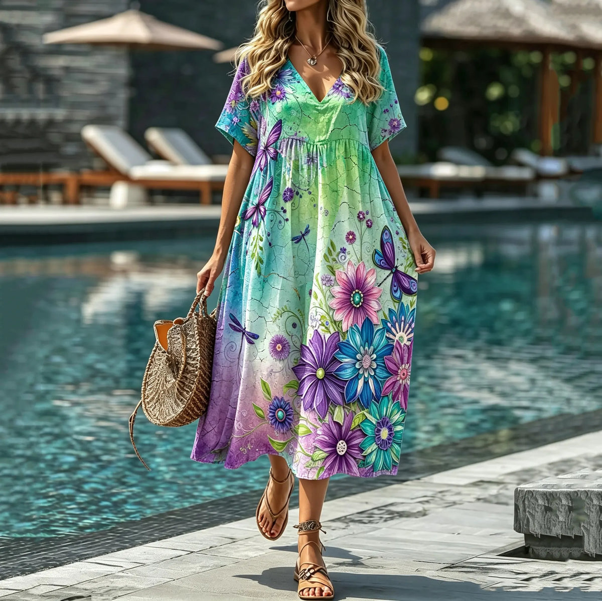 Women's Retro Vacation Floral Dragonfly Tie-dye Gradient Print V-neck Short Sleeve Dress
