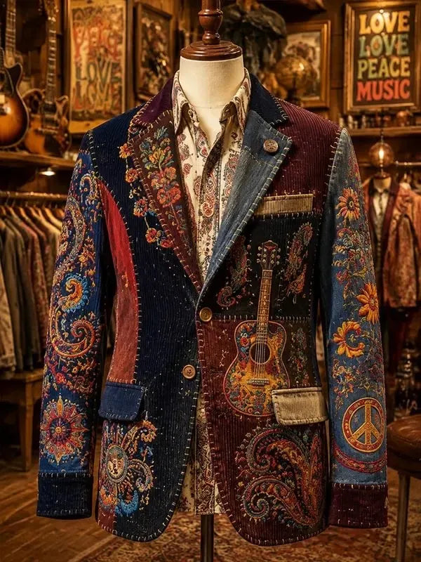 Men's Hippie Twisting Paisley Scrolls And Bright Sunflowers Print Blazer
