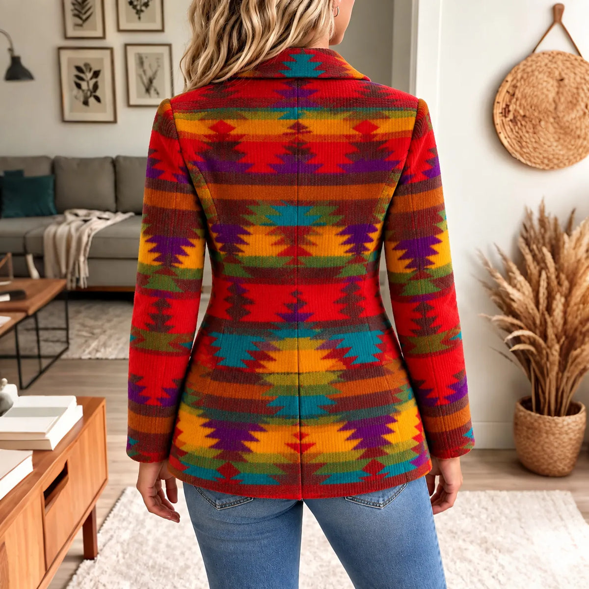 Women's Retro Multi-color Ethnic Print Casual Corduroy Blazer