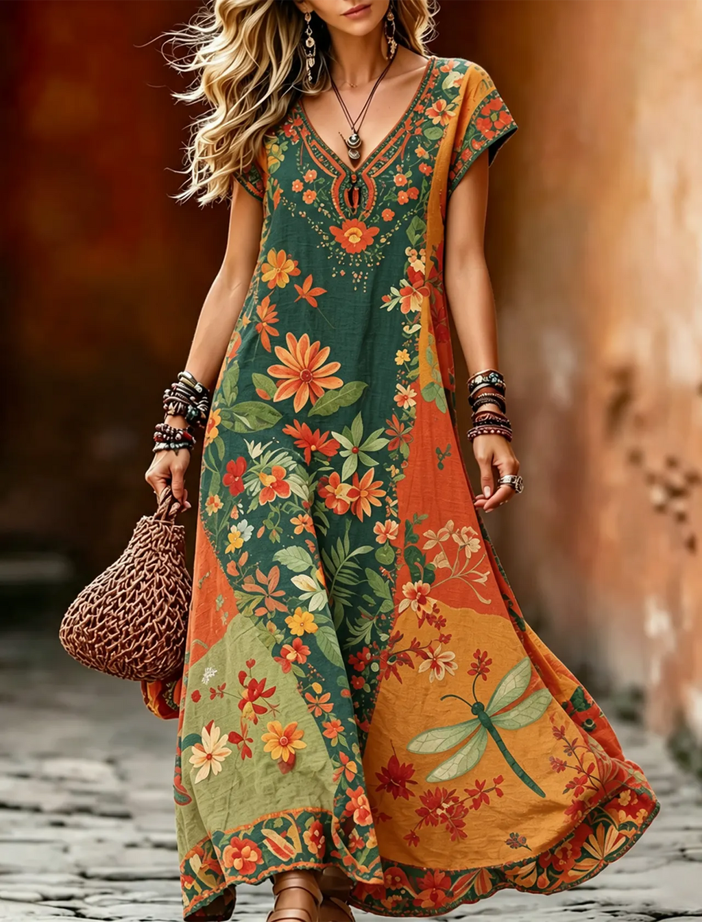 Women's Vintage Hippie Floral And Dragonfly In Patchwork Pattern Art Printed Linen Blend Maxi Dress