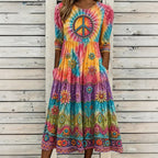 Women's Vintage Hippie Floral Embroidered Art Linen Blend Dress