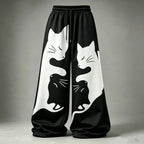Women's Casual Retro Black Cat Print Trousers