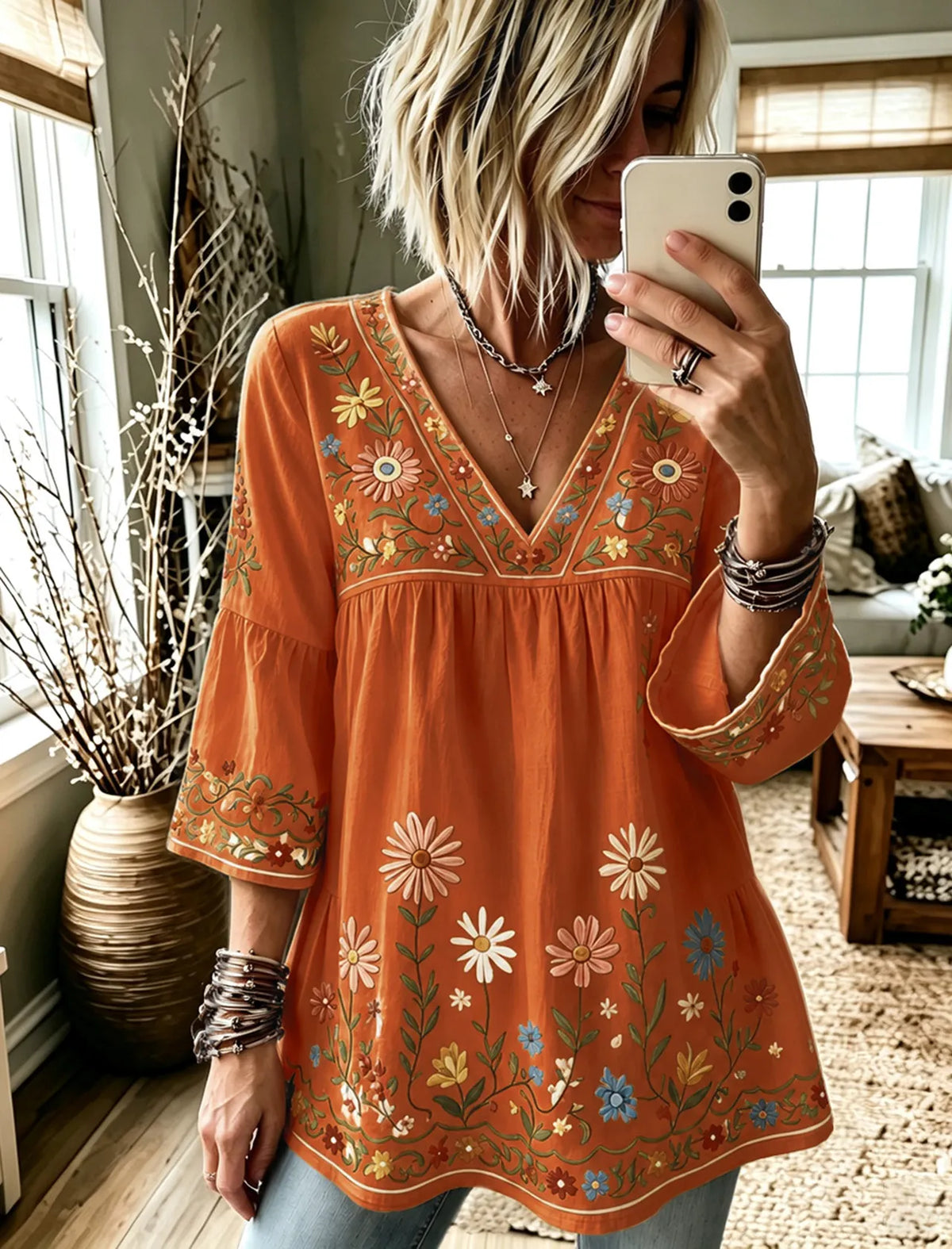 Women's Retro Hippie Floral And Dragonfly Art Flowy Linen Blend Three Quarter Sleeves T-shirt