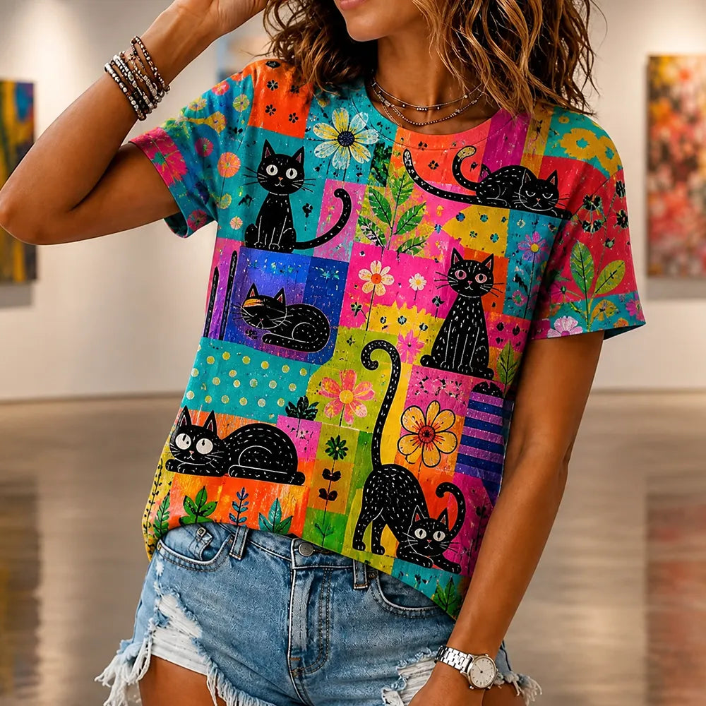 Women's Hippie Black Cat Crew-neck Short-sleeve Top