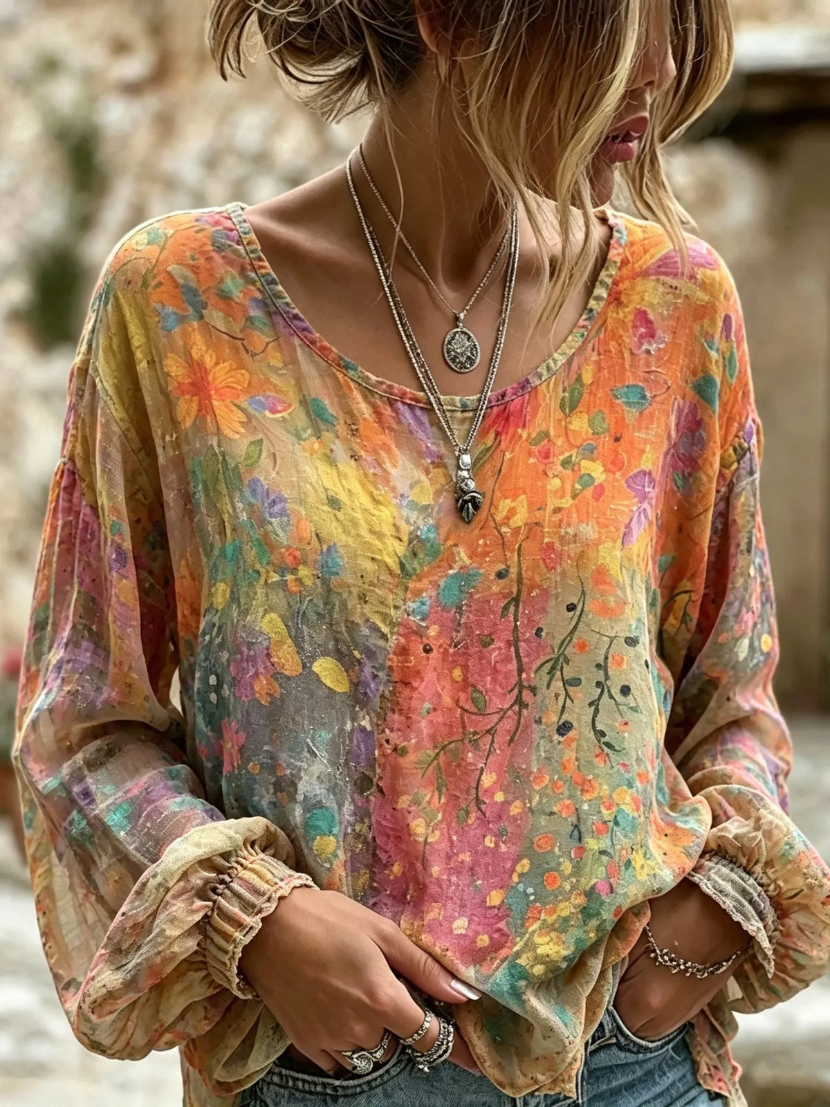Women's Retro Bohemian Floral Art Long-sleeved Shirt