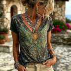 Women's Vintage Hippie Washed Sun Wing 3d Embroidery V Neck T-shirt