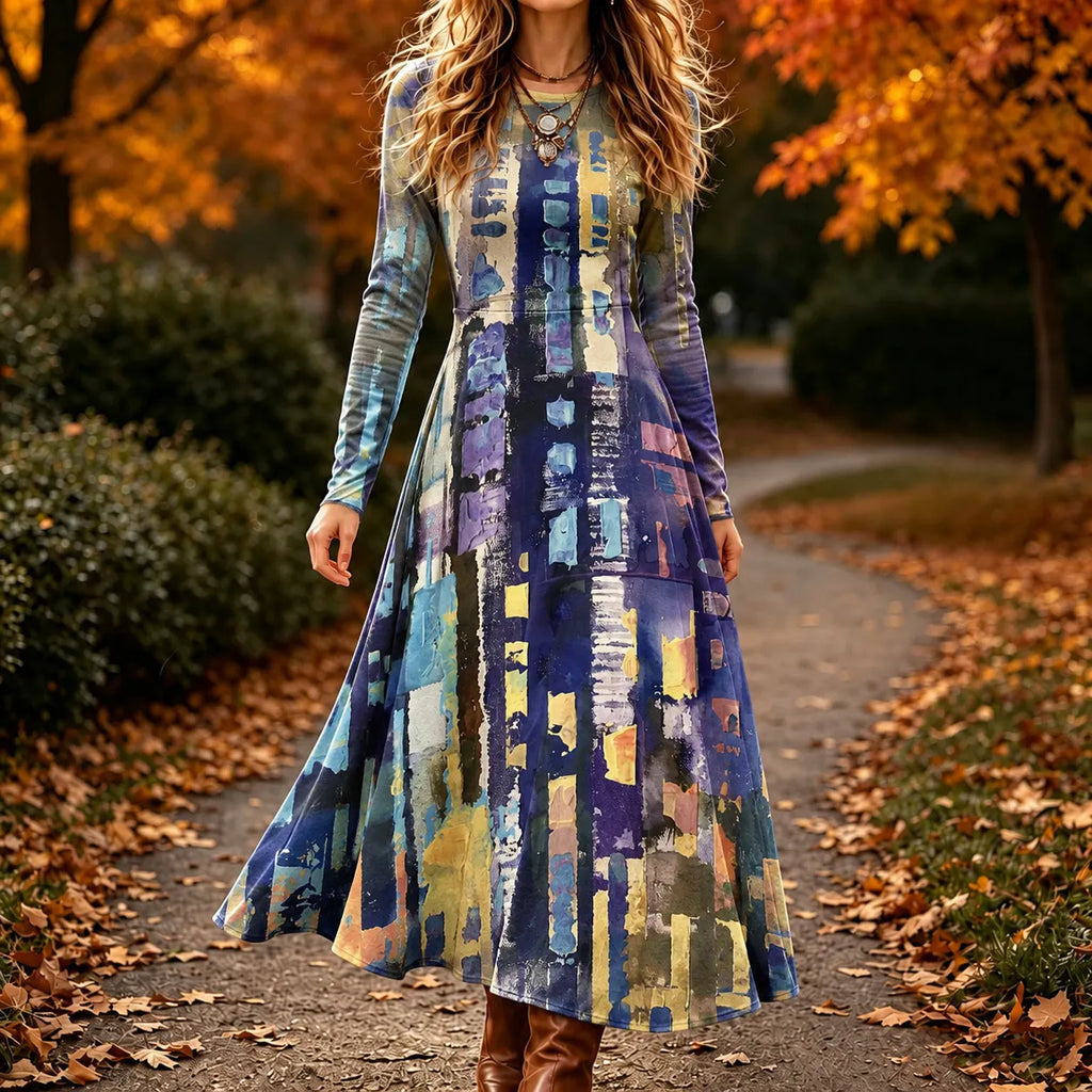 Women's Retro Abstract Geometric Print Long Sleeve Maxi Dress