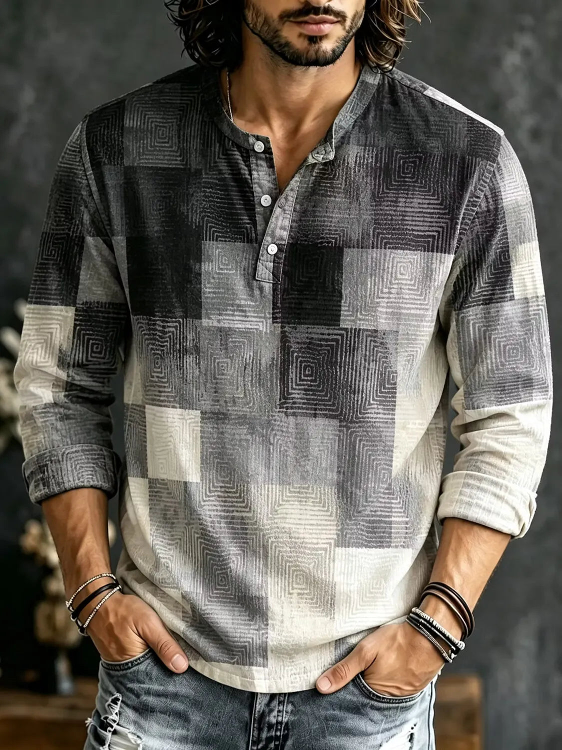 Men's Gradient Geometric Print Henry Collar Long Sleeve T-Shirt