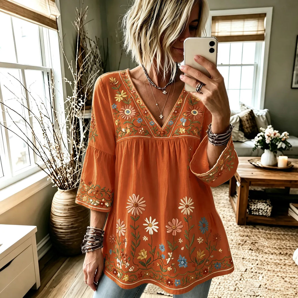 Women's Retro Hippie Floral And Dragonfly Art Flowy Linen Blend Three Quarter Sleeves T-shirt
