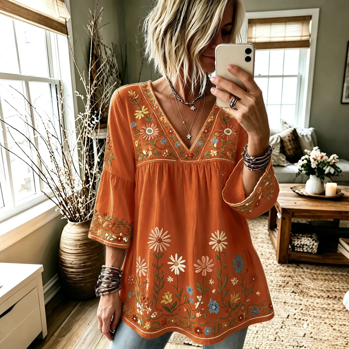 Women's Retro Hippie Floral And Dragonfly Art Flowy Linen Blend Three Quarter Sleeves T-shirt