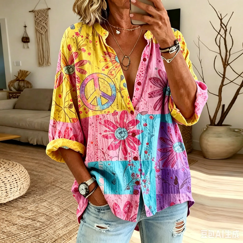 Women's Floral Hippie Vibes Art Print Flowy Linen Blend  Linen Tops
