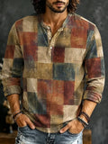 Men's Abstract Spiral Pattern Color Block Print Henry Collar Long Sleeve T-Shirt
