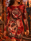 Women's Halloween Blood Rose, Mushroom & Graveyard Graphic Long Sleeve Dress