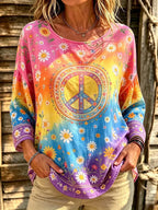 Women's Retro Hippie Peace Floral Print Crew Neck Long Sleeve T-shirt