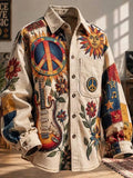 Men's Hippie Anthropomorphic Sun Face Patchwork Color Blocks Print Long Sleeve Pocket Shirt