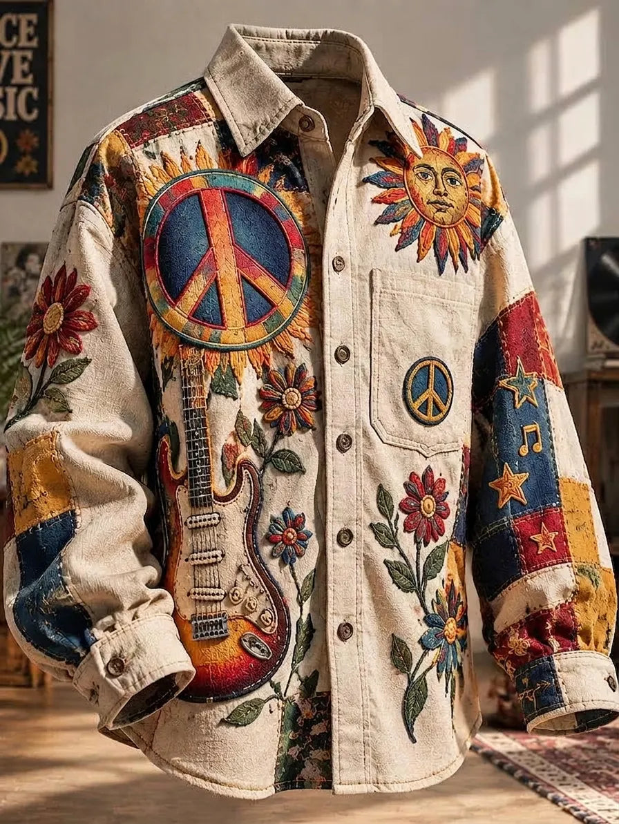 Men's Hippie Anthropomorphic Sun Face Patchwork Color Blocks Print Long Sleeve Pocket Shirt