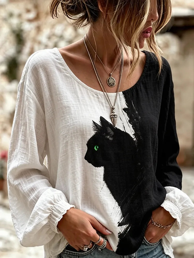 Women's Vintage Black White Cat Art Embroidered Linen Blend Round Neck Long Sleeve Tops