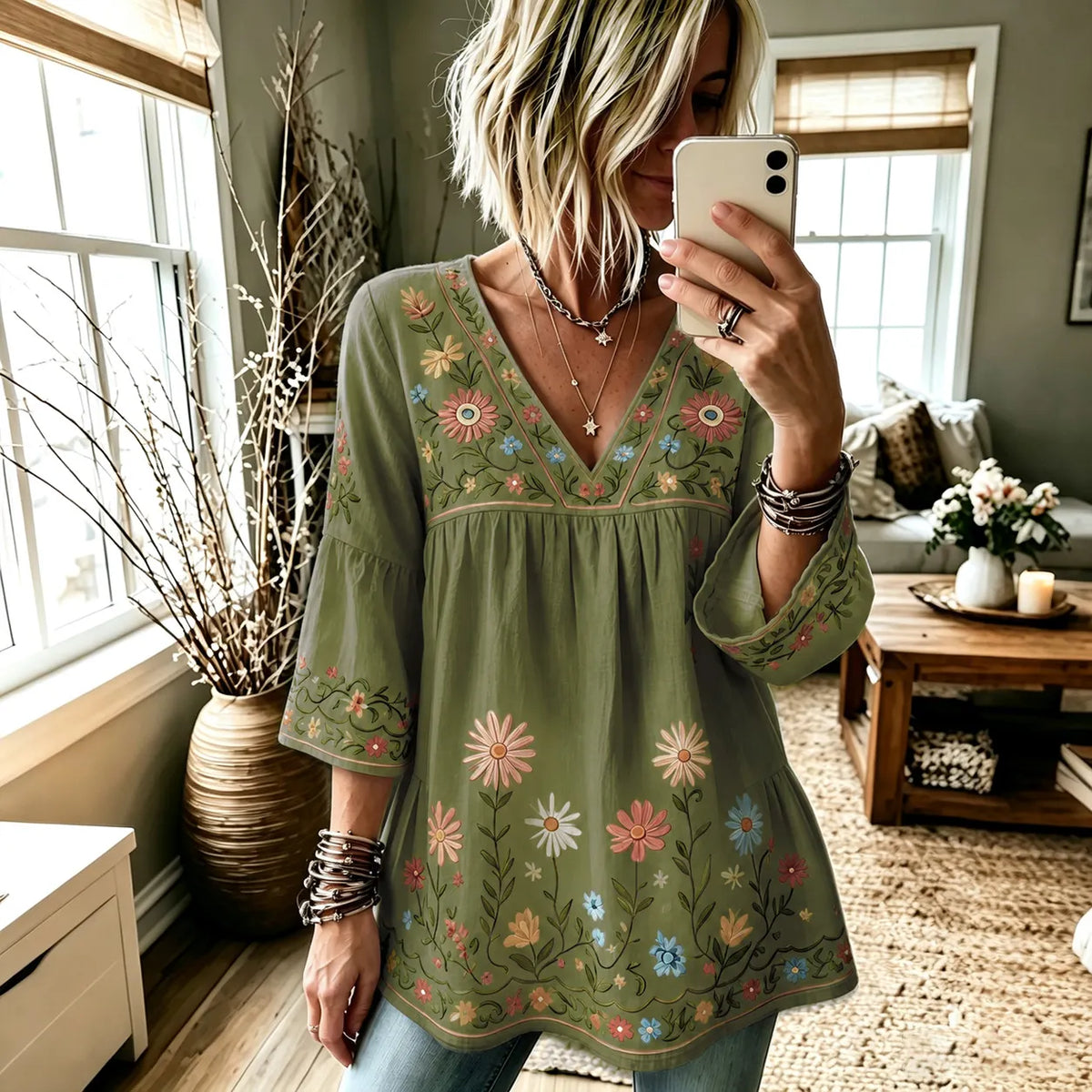 Women's Retro Hippie Floral And Dragonfly Art Flowy Linen Blend Three Quarter Sleeves T-shirt