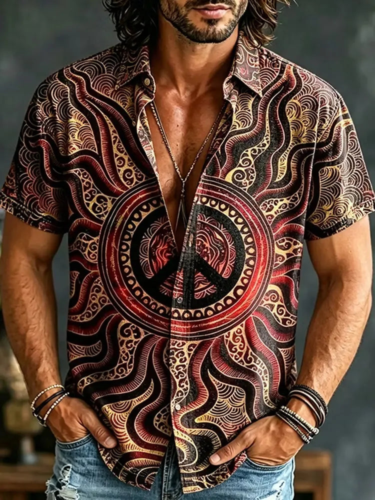Men's Peace Symbol Swirl Lines Print Short Sleeve Buttons Shirt