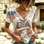 Women's American Flag, Floral, And Eagle Print V-neck Short-sleeved Top