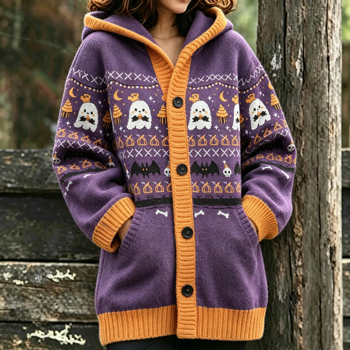 Women's Halloween Ghost Bat Print Hooded Cardigan Sweater