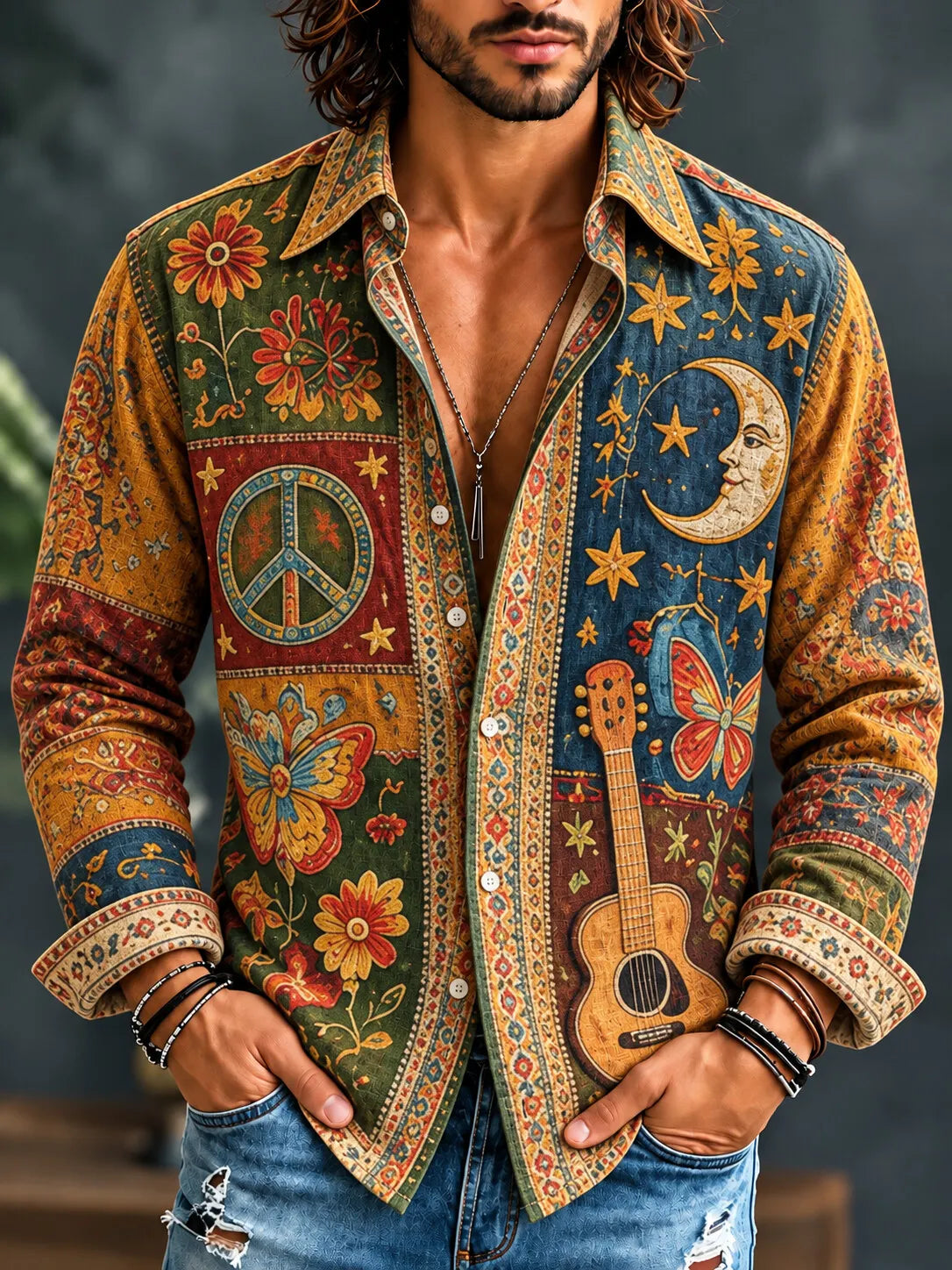 Men's Hippie Peace Sign Moon Star Guitar Butterfly Floral Print Long Sleeve Shirt