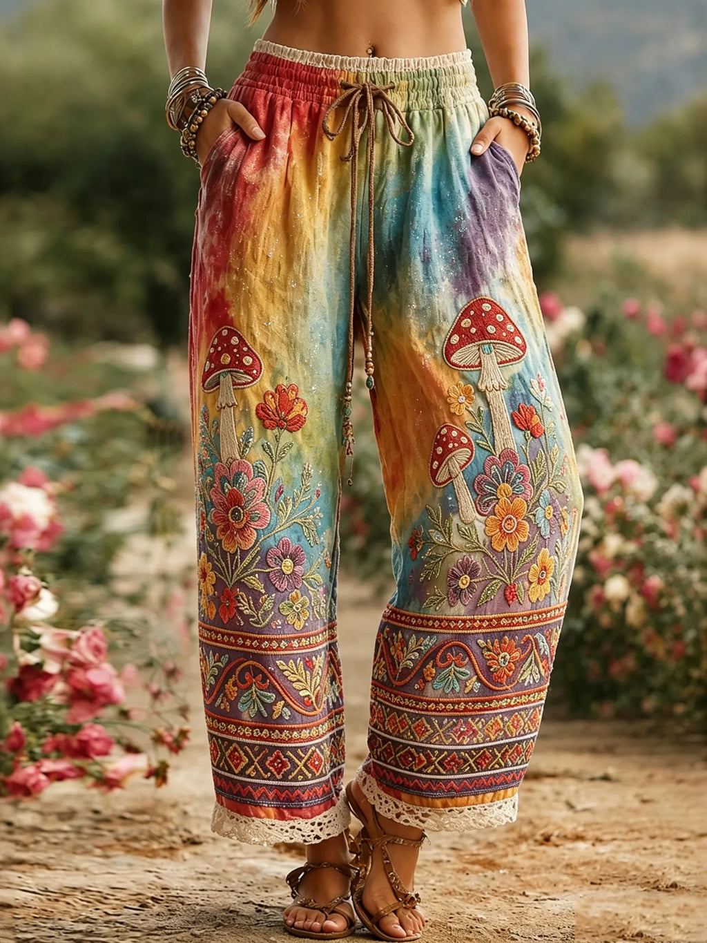 Women's Hippie Mushroom Embroidered Gradient Patchwork Linen Casual Pants