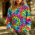 Women's Rainbow Tie-dye Crewneck Sweatshirt With Vibrant Leopard Print